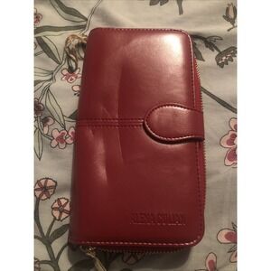 Alena Culian Red Faux Leather Wallet  Zip Around Clutch Billfold Gold Metal